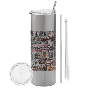 Maneskin stickers, Tumbler stainless steel Silver 600ml, with metal straw & cleaning brush