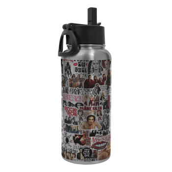 Maneskin stickers, Metal mug thermo Silver with Straw and Spout Lid (Stainless steel), double wall, 950ml