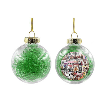 Maneskin stickers, Χριστουγεννιάτικη μπάλα δένδρου διάφανη με πράσινο γέμισμα 8cm