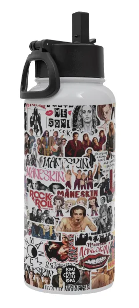 Maneskin stickers — Μεταλλικό παγούρι θερμός Λευκό με καλαμάκι και χερούλι (Stainless steel), διπλού τοιχώματος, 950ml