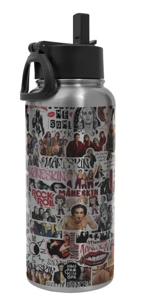 Maneskin stickers — Μεταλλικό παγούρι θερμός Silver με καλαμάκι και χερούλι (Stainless steel), διπλού τοιχώματος, 950ml