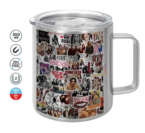 Maneskin stickers — Double-walled stainless steel mug 300ml with temperature-retaining lid