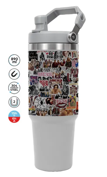 Maneskin stickers — ΓΚΡΙ Travel Tumbler Θερμός με χερούλι και καλαμάκι 890ml