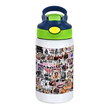 Maneskin stickers, Παιδικό παγούρι θερμό, ανοξείδωτο, με καλαμάκι ασφαλείας, πράσινο/μπλε (350ml)