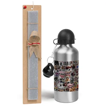 Maneskin stickers, Easter Set, metallic silver aluminum water bottle (500ml) & aromatic flat Easter candle (30cm) (GRAY)