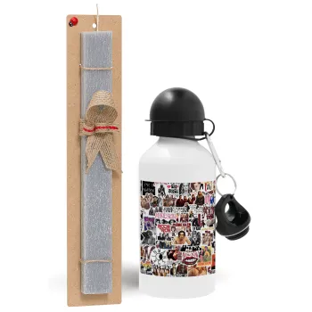 Maneskin stickers, Πασχαλινή Λαμπάδα με παγούρι μεταλλικό  αλουμινίου (500ml) & κερί αρωματικό πλακέ (30cm) (ΓΚΡΙ)