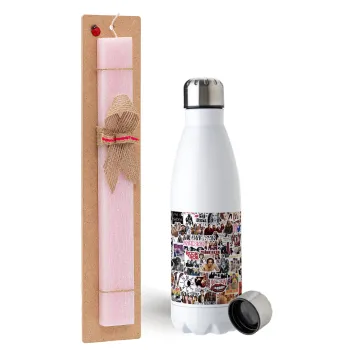 Maneskin stickers, Easter Set, metallic stainless steel water bottle (750ml) & scented flat Easter candle (30cm) (PINK)