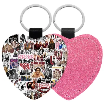 Maneskin stickers, Μπρελόκ PU δερμάτινο glitter καρδιά ΡΟΖ