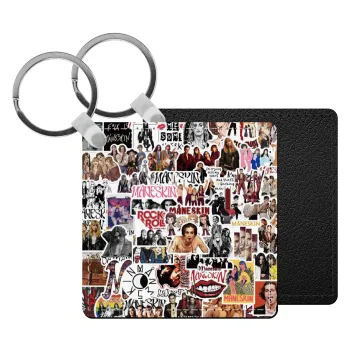 Maneskin stickers, Μπρελόκ Δερματίνη, τετράγωνο ΜΑΥΡΟ (5x5cm)