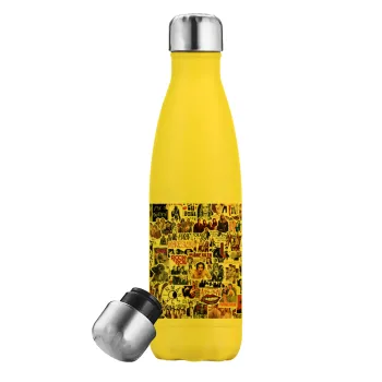 Maneskin stickers, Yellow Stainless Steel Metallic Thermos, double-walled, 500ml