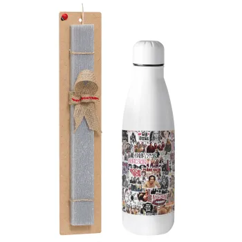 Maneskin stickers, Easter Set, metallic stainless thermos bottle (500ml) & scented flat Easter candle (30cm) (GRAY)