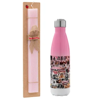 Maneskin stickers, Easter Set, Metallic pink/white (Stainless steel) thermos, double-walled, 500ml & aromatic flat Easter candle (30cm) (PINK)