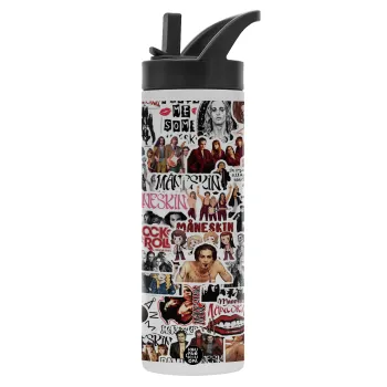 Maneskin stickers, Μεταλλικό παγούρι θερμός με καλαμάκι & χειρολαβή, ανοξείδωτο ατσάλι (Stainless steel 304), διπλού τοιχώματος, 600ml