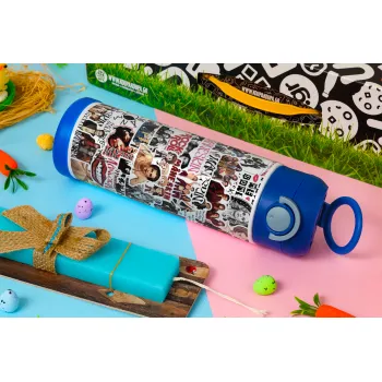 Maneskin stickers, Easter candle, Childrens hot water bottle, stainless steel, with safety straw, BLUE (500ml)