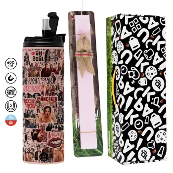 Maneskin stickers, Easter candle,Travel Tumbler 2 Lids, with metal straw & cleaning brush & aromatic flat candle (30cm) (PINK)