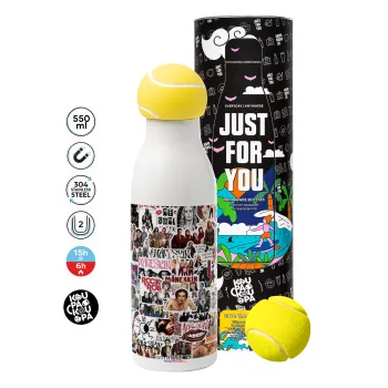 Maneskin stickers, Μπάλα τένις μεταλλικό παγούρι θερμός, διπλού τοιχώματος, 550ml
