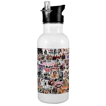 Maneskin stickers, Παγούρι νερού Λευκό με καλαμάκι, ανοξείδωτο ατσάλι 600ml