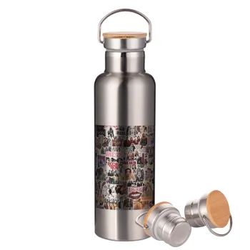 Maneskin stickers, Stainless steel Silver with wooden lid (bamboo), double wall, 750ml