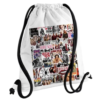 Maneskin stickers, Τσάντα πλάτης πουγκί GYMBAG λευκή, με τσέπη (40x48cm) & χονδρά κορδόνια