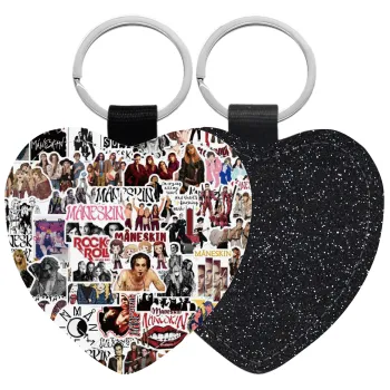 Maneskin stickers, Μπρελόκ PU δερμάτινο glitter καρδιά ΜΑΥΡΟ