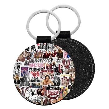 Maneskin stickers, Μπρελόκ Δερματίνη, στρογγυλό ΜΑΥΡΟ (5cm)