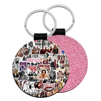 Maneskin stickers, Μπρελόκ Δερματίνη, στρογγυλό ΡΟΖ (5cm)