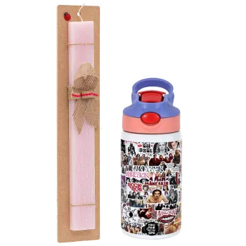Maneskin stickers, Easter Set, Children's thermal stainless steel water bottle with safety straw, pink/purple (350ml) & Easter scented flat candle (30cm) (PINK)