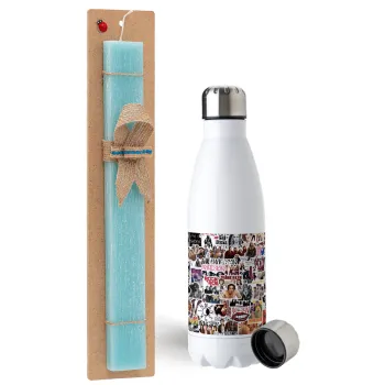 Maneskin stickers, Easter Set, metallic stainless steel water bottle (750ml) & aromatic flat Easter candle (30cm) (TURQUOISE)