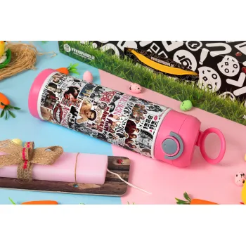 Maneskin stickers, Easter candle, Childrens hot water bottle, stainless steel, with safety straw, PINK (500ml)