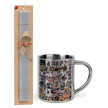 Maneskin stickers, Easter Set, metallic thermal cup (300ml) & Easter aromatic flat candle (30cm) (GRAY)