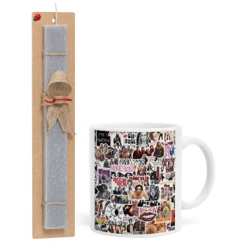 Maneskin stickers, Πασχαλινή Λαμπάδα με Κούπα κεραμική (330ml) & κερί αρωματικό πλακέ (30cm) (ΓΚΡΙ)