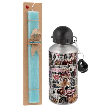 Maneskin stickers, Easter Set, metallic silver aluminum water bottle (500ml) & scented flat Easter candle (30cm) (TURQUOISE)