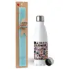Easter Set, metallic stainless steel water bottle (750ml) & aromatic flat Easter candle (30cm) (TURQUOISE)