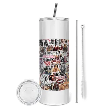 Maneskin stickers, Tumbler ποτήρι θερμό από ανοξείδωτο ατσάλι 600ml, με μεταλλικό καλαμάκι & βούρτσα καθαρισμού