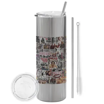 Maneskin stickers, Tumbler stainless steel Silver 600ml, with metal straw & cleaning brush