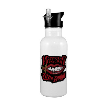 Maneskin lips, White water bottle with straw, stainless steel 600ml