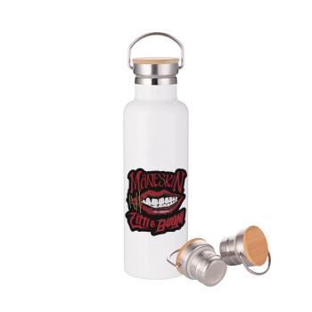 Maneskin lips, Stainless steel White with wooden lid (bamboo), double wall, 750ml