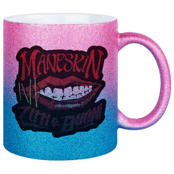 Maneskin lips, Κούπα Χρυσή/Μπλε Glitter, κεραμική, 330ml