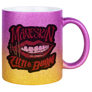 Maneskin lips, Κούπα Χρυσή/Ροζ Glitter, κεραμική, 330ml