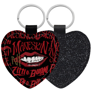 Maneskin lips, Μπρελόκ PU δερμάτινο glitter καρδιά ΜΑΥΡΟ