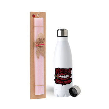 Maneskin lips, Easter Set, metallic stainless steel water bottle (750ml) & scented flat Easter candle (30cm) (PINK)