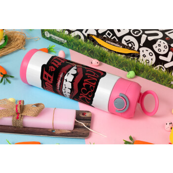 Maneskin lips, Easter candle, Childrens hot water bottle, stainless steel, with safety straw, PINK (500ml)