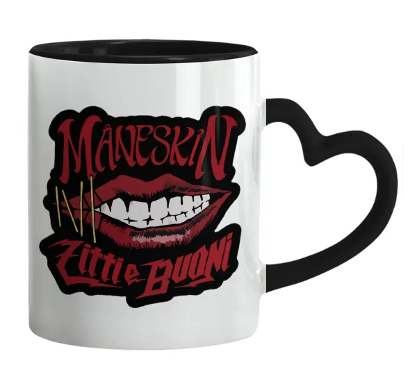Maneskin lips — Mug heart black handle, ceramic, 330ml