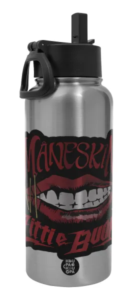 Maneskin lips — Metal mug thermo Silver with Straw and Spout Lid (Stainless steel), double wall, 950ml