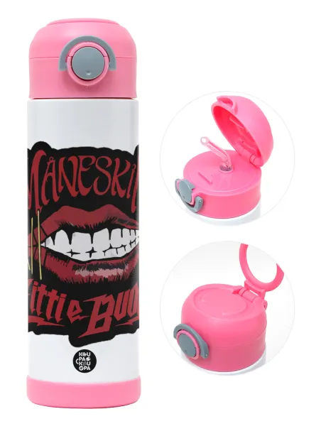 Maneskin lips — Children's hot water bottle, stainless steel, with safety straw, PINK (500ml)