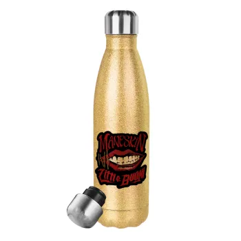 Maneskin lips, Glitter gold stainless steel thermos bottle, double-walled, 500ml