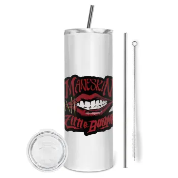 Maneskin lips, Tumbler ποτήρι θερμό από ανοξείδωτο ατσάλι 600ml, με μεταλλικό καλαμάκι & βούρτσα καθαρισμού