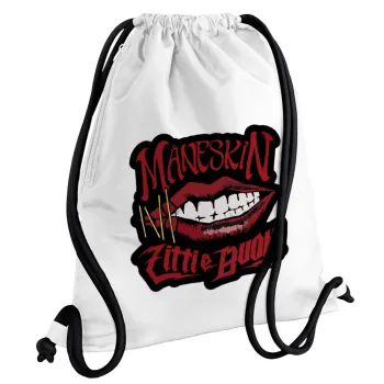 Maneskin lips, Τσάντα πλάτης πουγκί GYMBAG λευκή, με τσέπη (40x48cm) & χονδρά κορδόνια