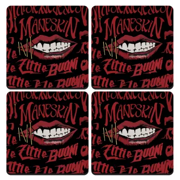 Maneskin lips, ΣΕΤ 4 Σουβέρ ξύλινα τετράγωνα (9cm)