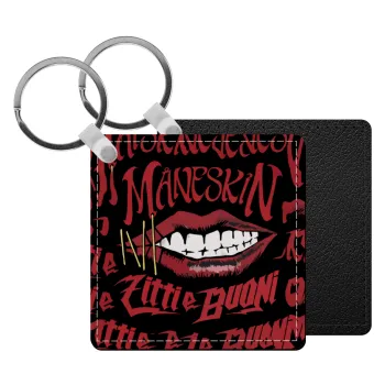 Maneskin lips, Μπρελόκ Δερματίνη, τετράγωνο ΜΑΥΡΟ (5x5cm)